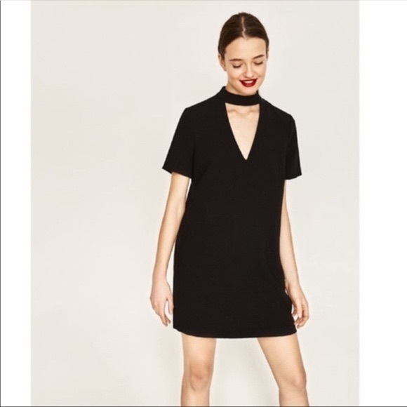 Zara Black Mini Dress with V Neck Cutout - Picture 1 of 7